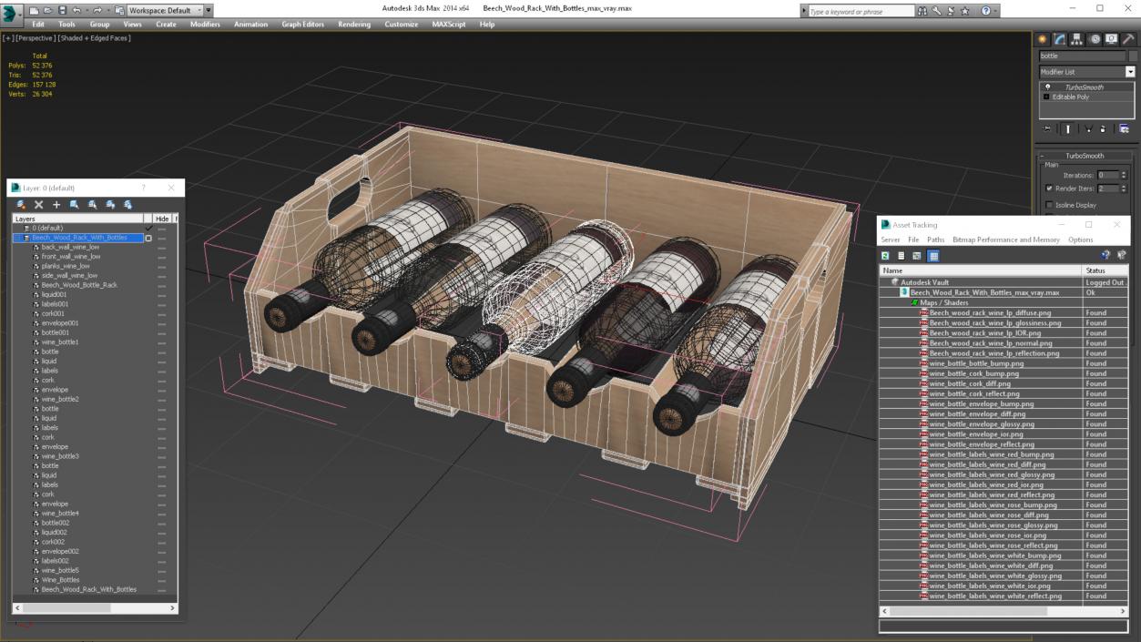 3D Beech Wood Rack With Bottles model