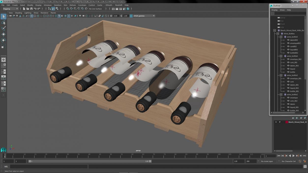 3D Beech Wood Rack With Bottles model