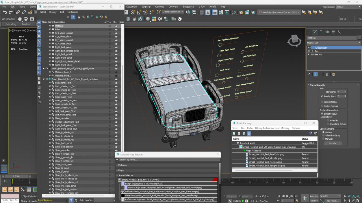 3D model Smart Hospital Bed Off State Rigged