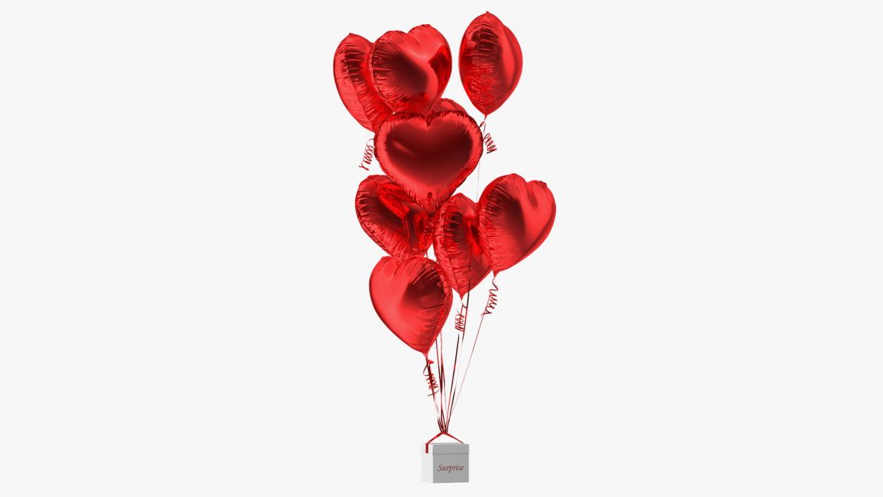 Heart Shaped Red Balloons Tied to Gift Box 3D