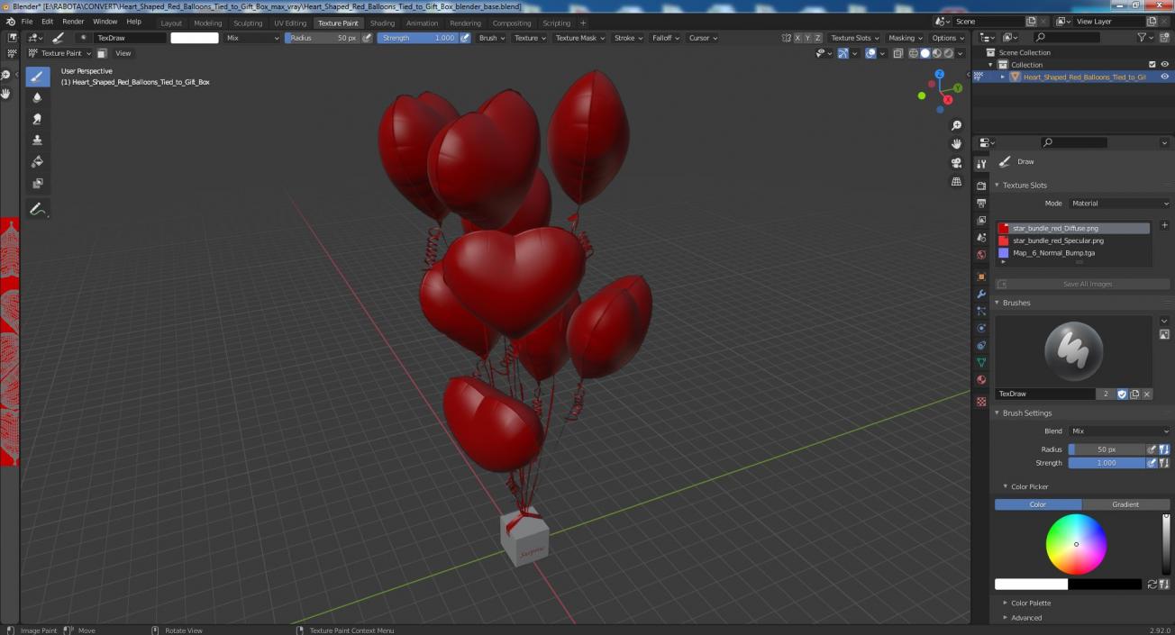 Heart Shaped Red Balloons Tied to Gift Box 3D