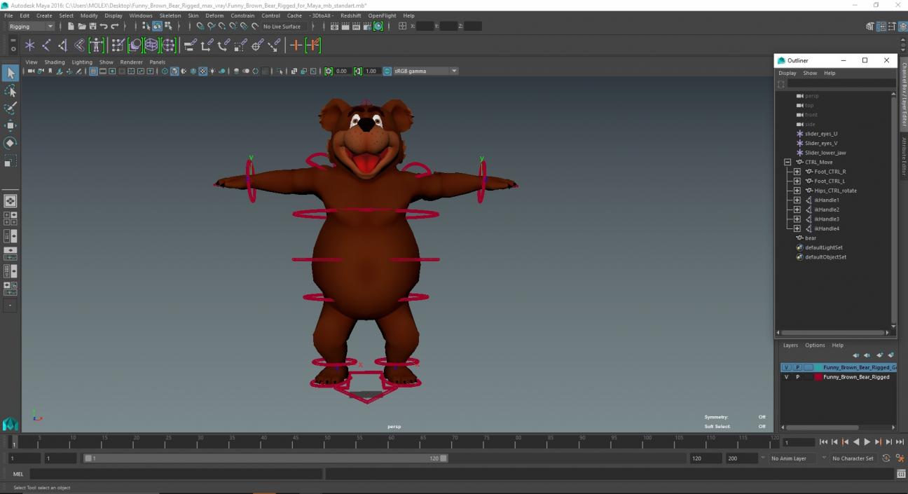 Funny Brown Bear Rigged for Maya 3D