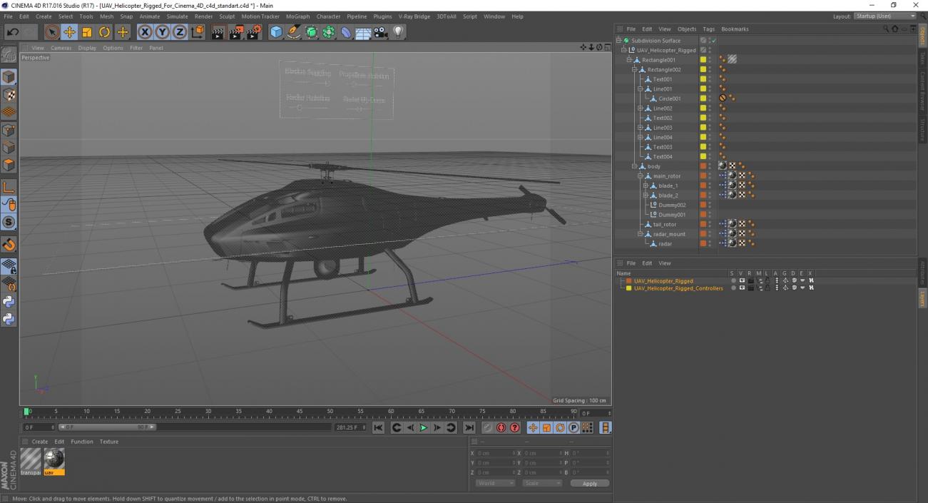 3D model UAV Helicopter Rigged for Cinema 4D