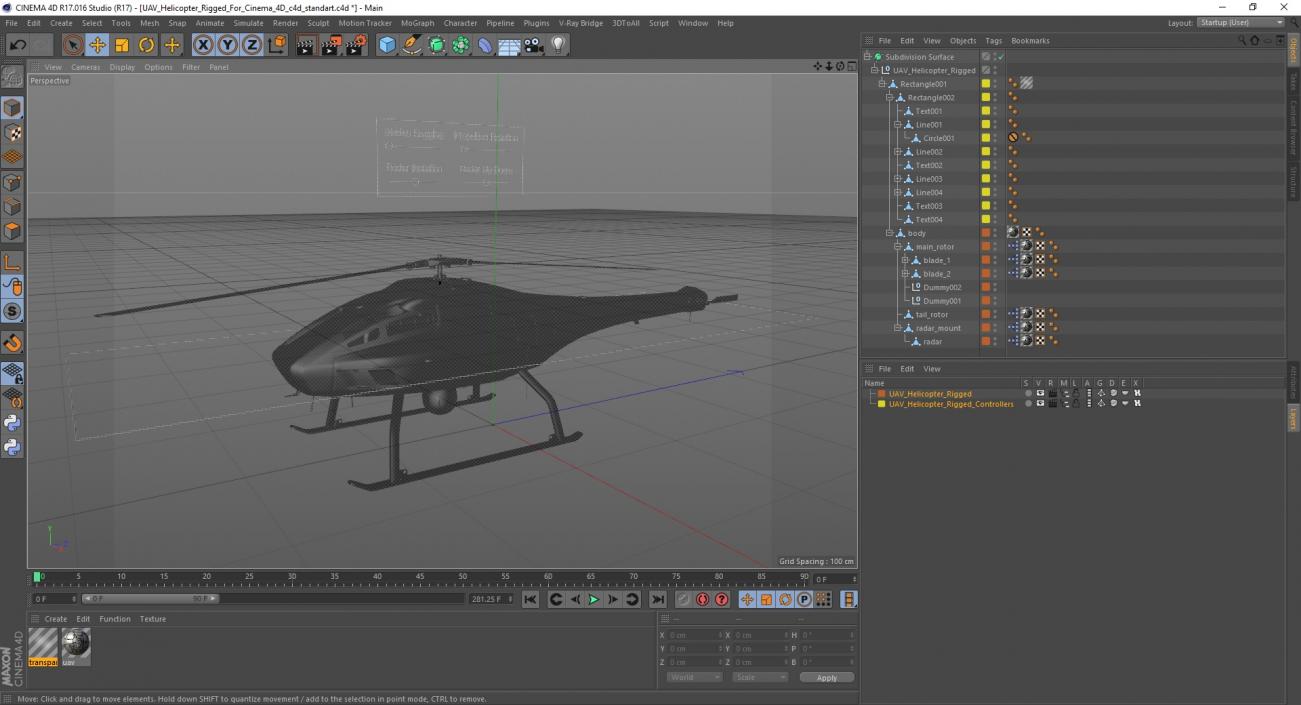 3D model UAV Helicopter Rigged for Cinema 4D