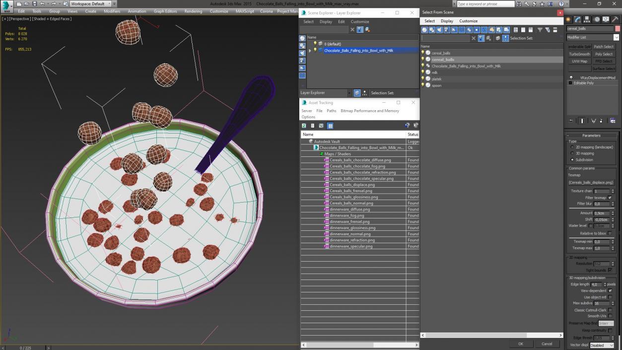 3D Chocolate Balls Falling into Bowl with Milk model