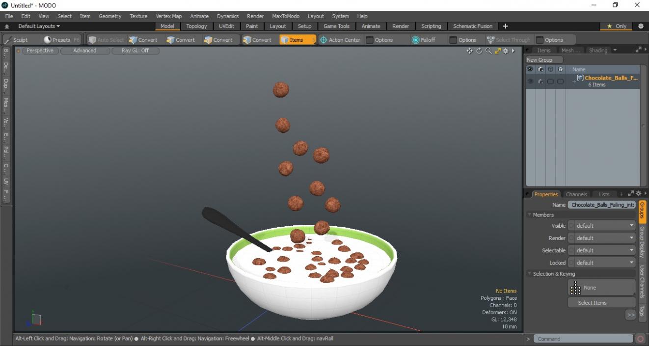 3D Chocolate Balls Falling into Bowl with Milk model