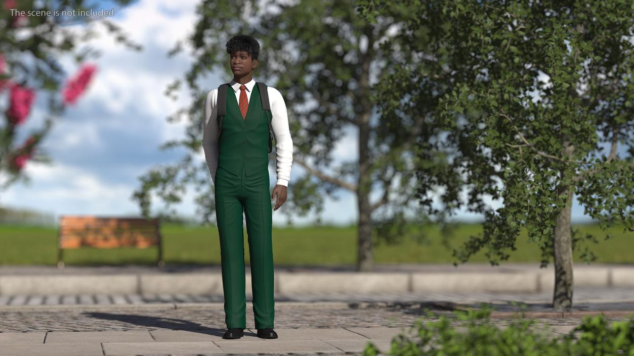 3D Black Teenager Dark Skin School Uniform Standing Pose model