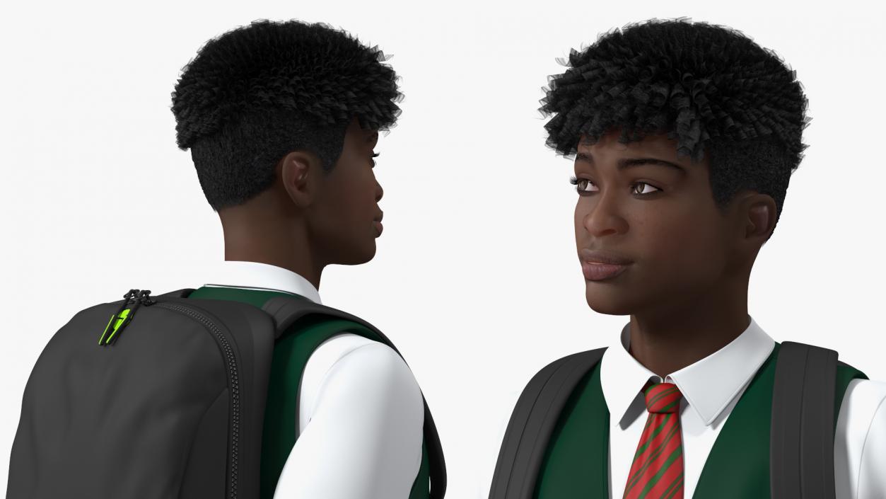 3D Black Teenager Dark Skin School Uniform Standing Pose model