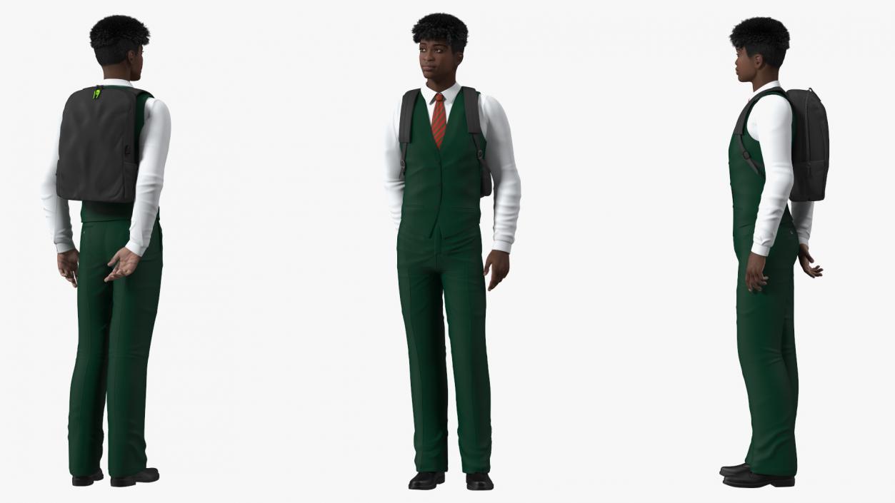 3D Black Teenager Dark Skin School Uniform Standing Pose model