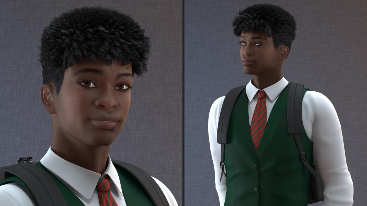 3D Black Teenager Dark Skin School Uniform Standing Pose model