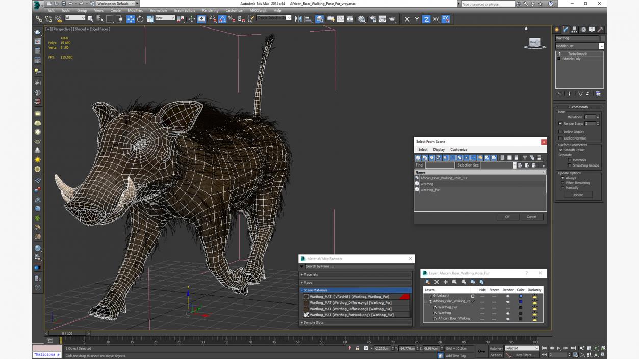 3D African Boar Walking Pose Fur 2