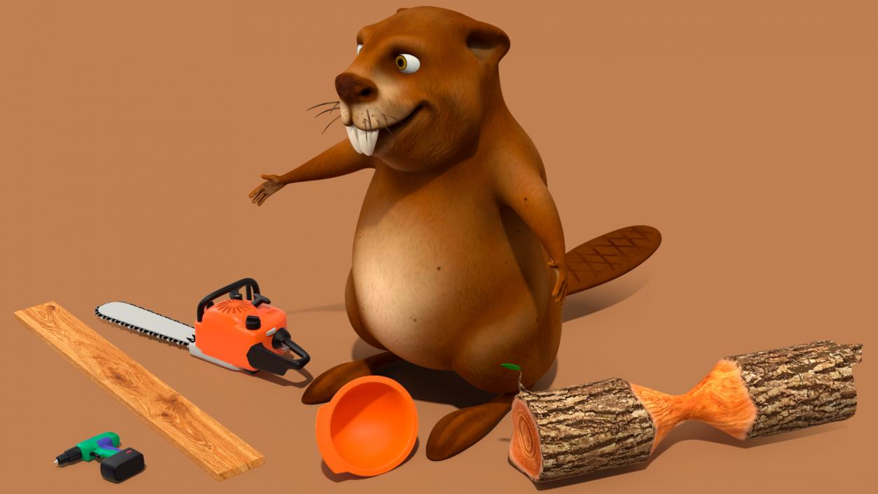 Cartoon Beaver with Tools Set 3D model