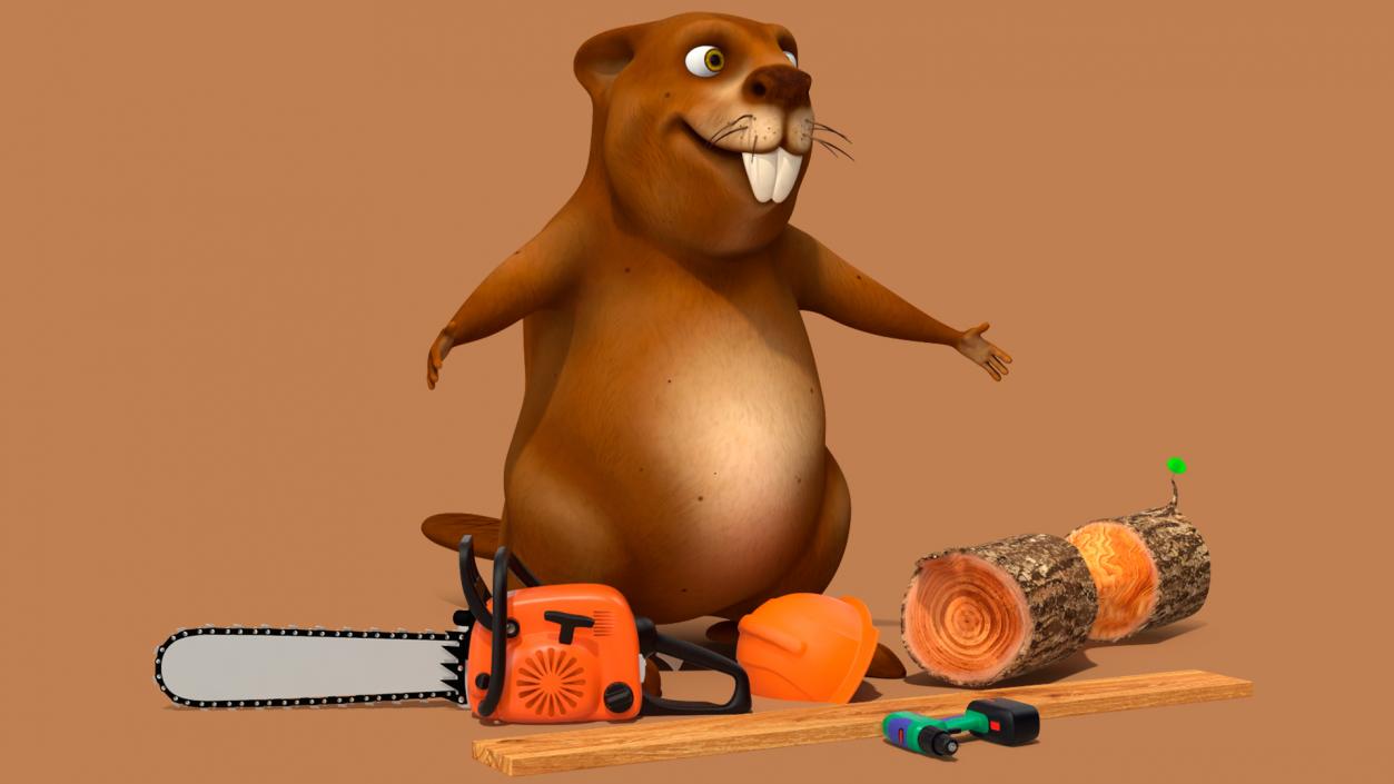 Cartoon Beaver with Tools Set 3D model