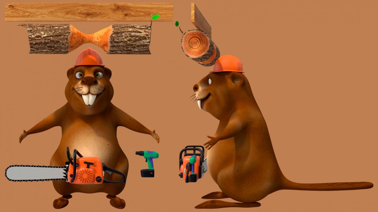 Cartoon Beaver with Tools Set 3D model