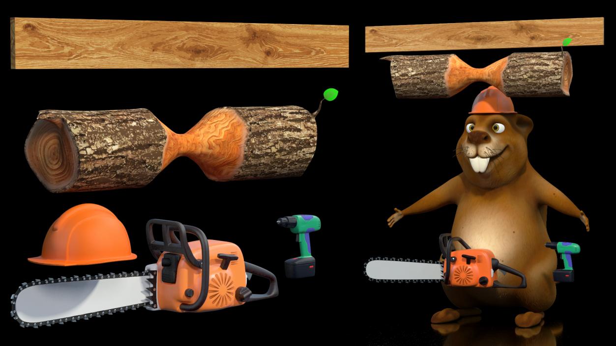 Cartoon Beaver with Tools Set 3D model