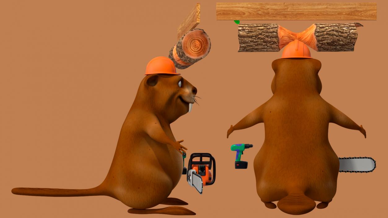 Cartoon Beaver with Tools Set 3D model