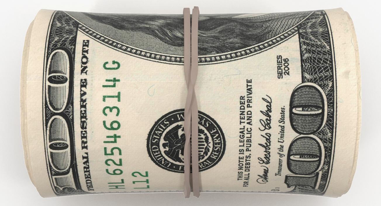 Cash Roll Of One Hundred Dollar Bills 3D