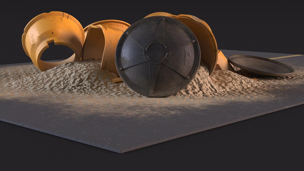 3D Road Section with Sand Barrels Crashed model