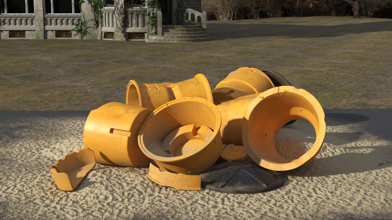 3D Road Section with Sand Barrels Crashed model