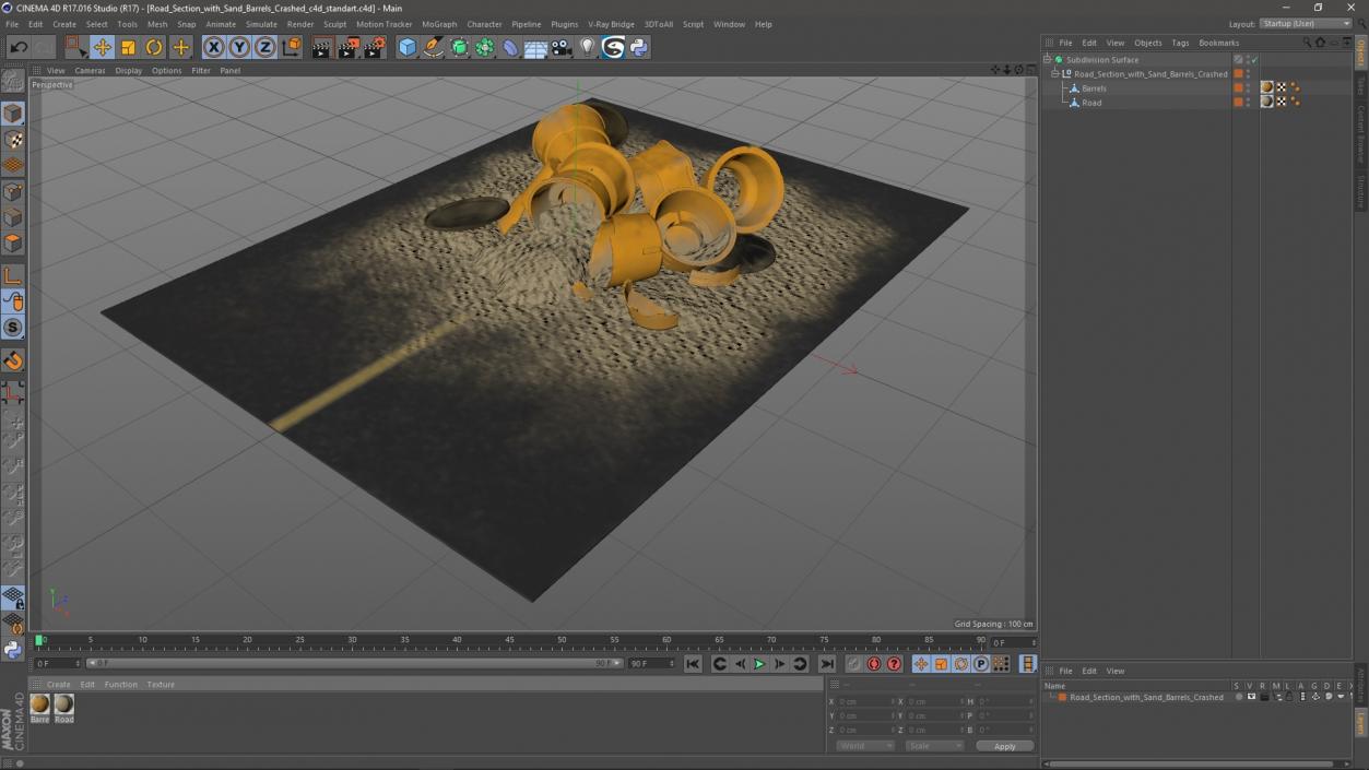 3D Road Section with Sand Barrels Crashed model