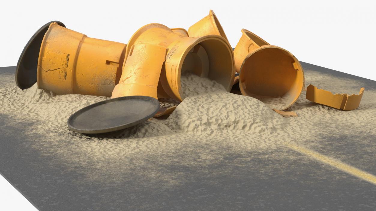 3D Road Section with Sand Barrels Crashed model