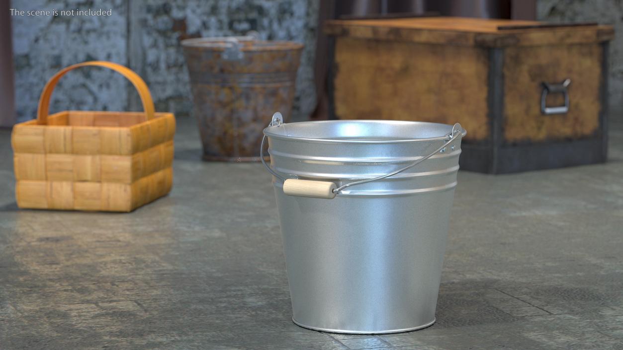 Antique Steel Bucket with Wood Handle 3D