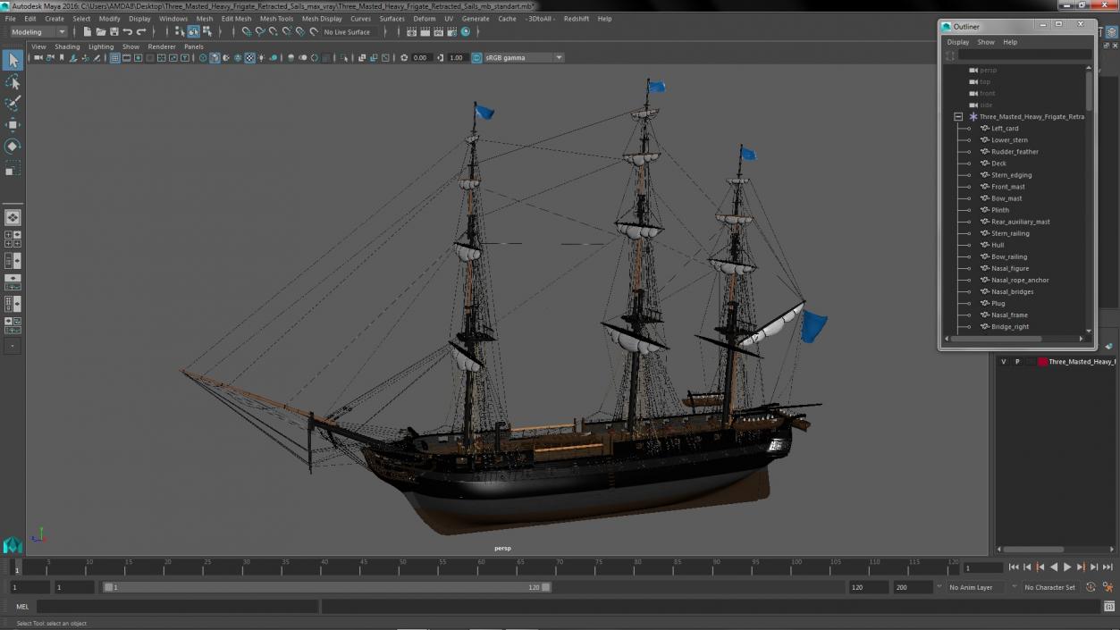 Three Masted Heavy Frigate Retracted Sails 3D