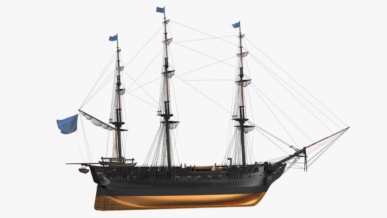 Three Masted Heavy Frigate Retracted Sails 3D