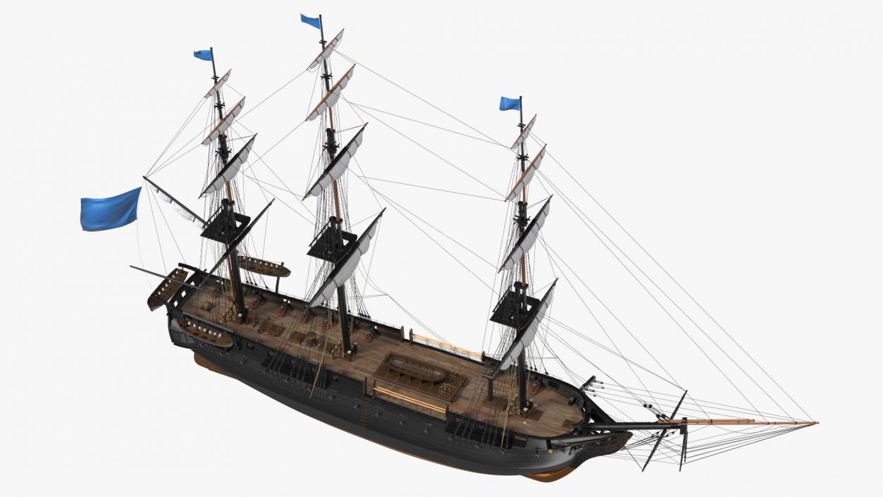 Three Masted Heavy Frigate Retracted Sails 3D