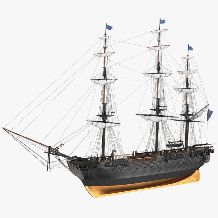 Three Masted Heavy Frigate Retracted Sails 3D