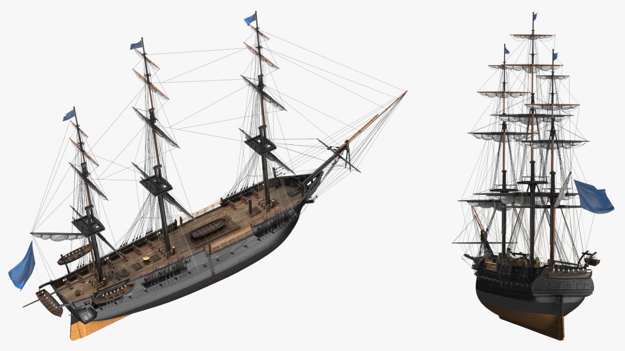 Three Masted Heavy Frigate Retracted Sails 3D