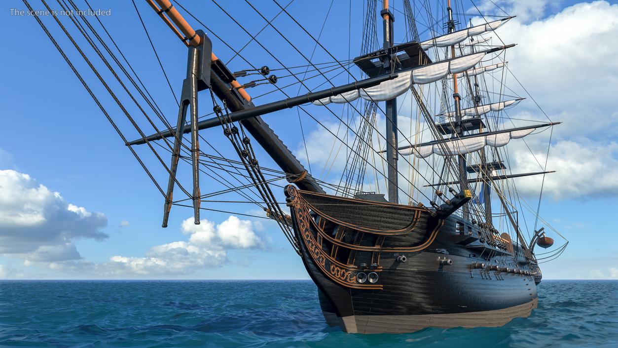 Three Masted Heavy Frigate Retracted Sails 3D