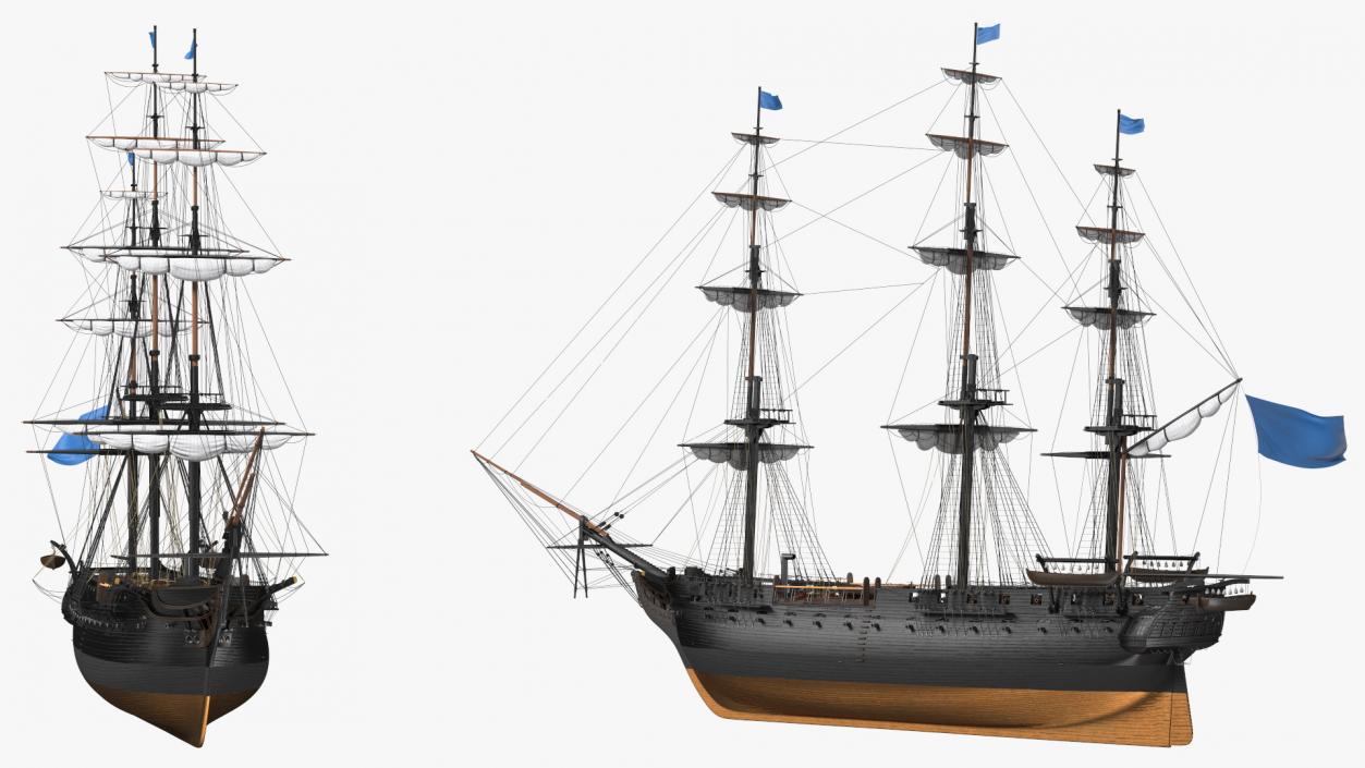 Three Masted Heavy Frigate Retracted Sails 3D