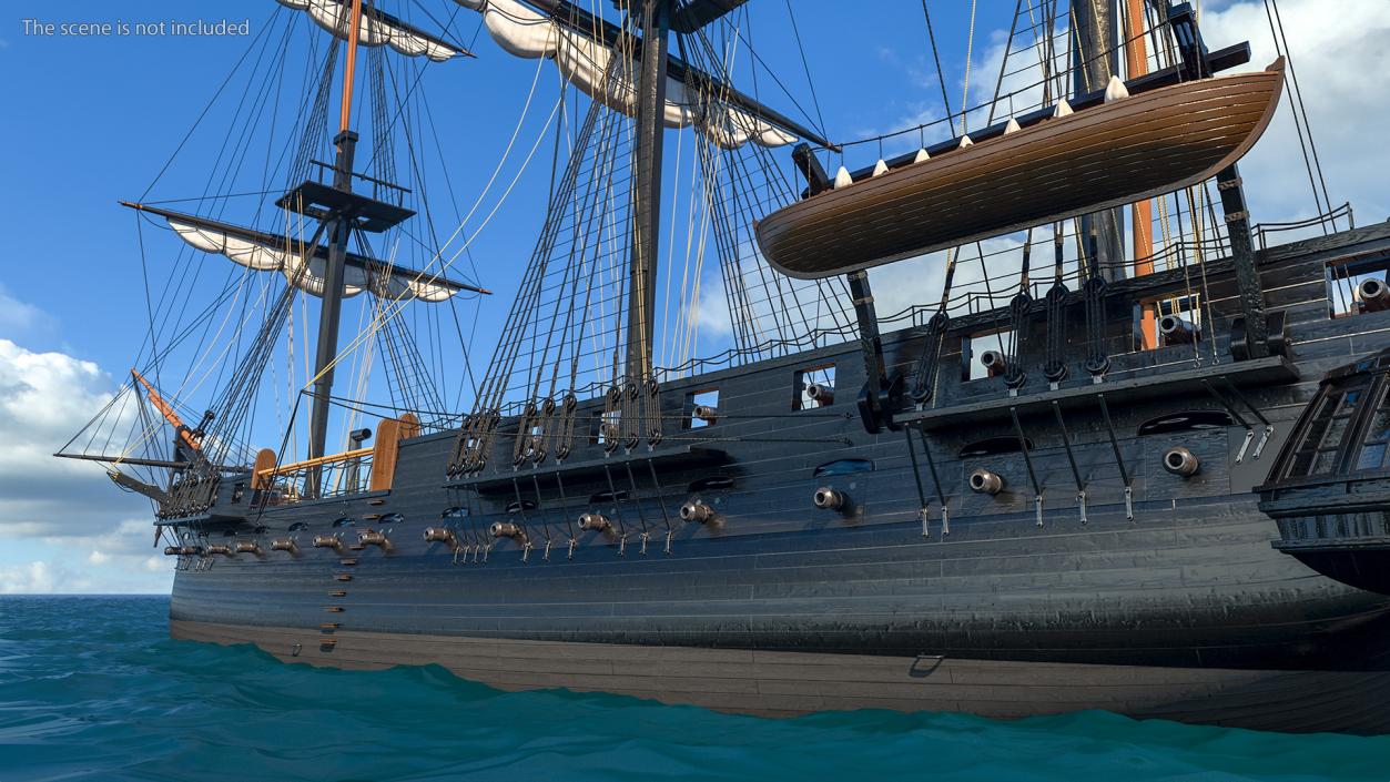 Three Masted Heavy Frigate Retracted Sails 3D