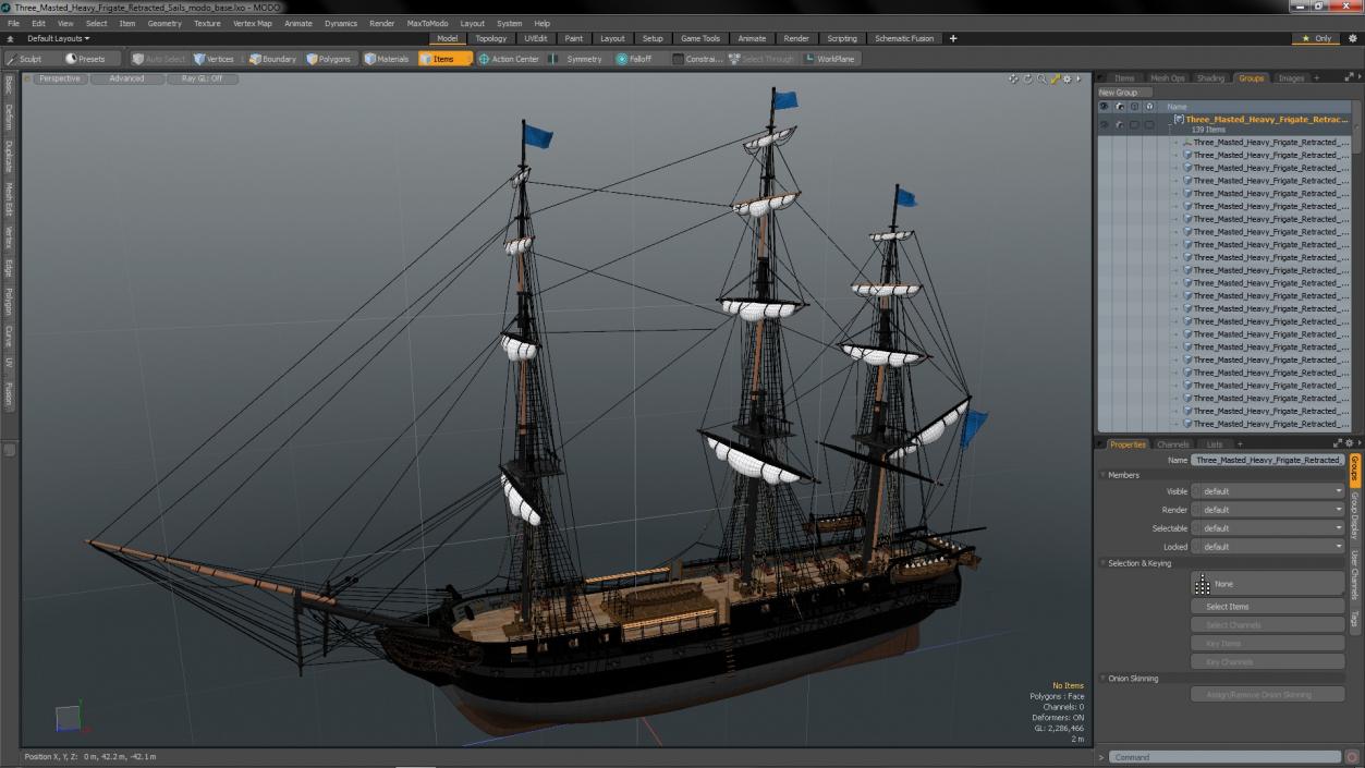 Three Masted Heavy Frigate Retracted Sails 3D