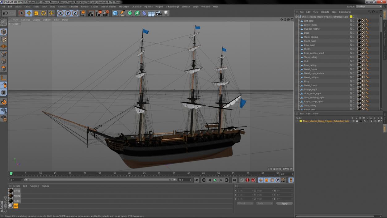 Three Masted Heavy Frigate Retracted Sails 3D