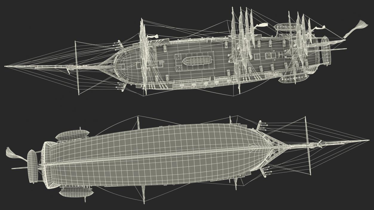 Three Masted Heavy Frigate Retracted Sails 3D