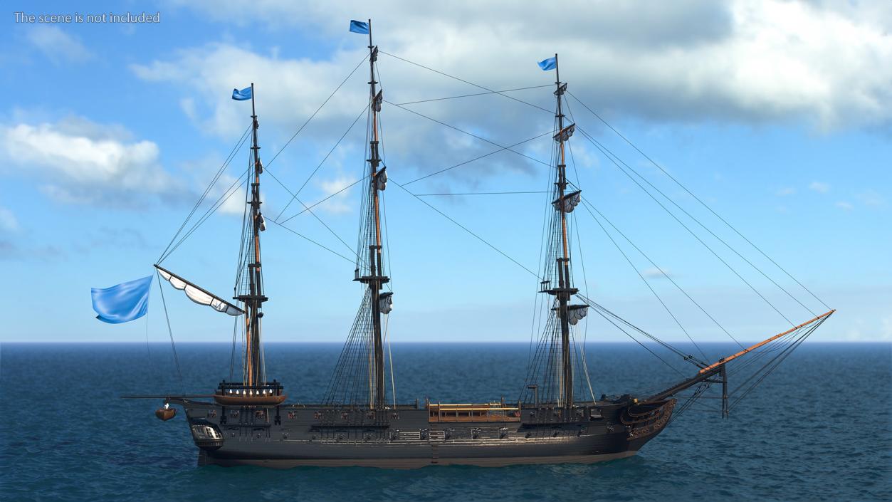 Three Masted Heavy Frigate Retracted Sails 3D