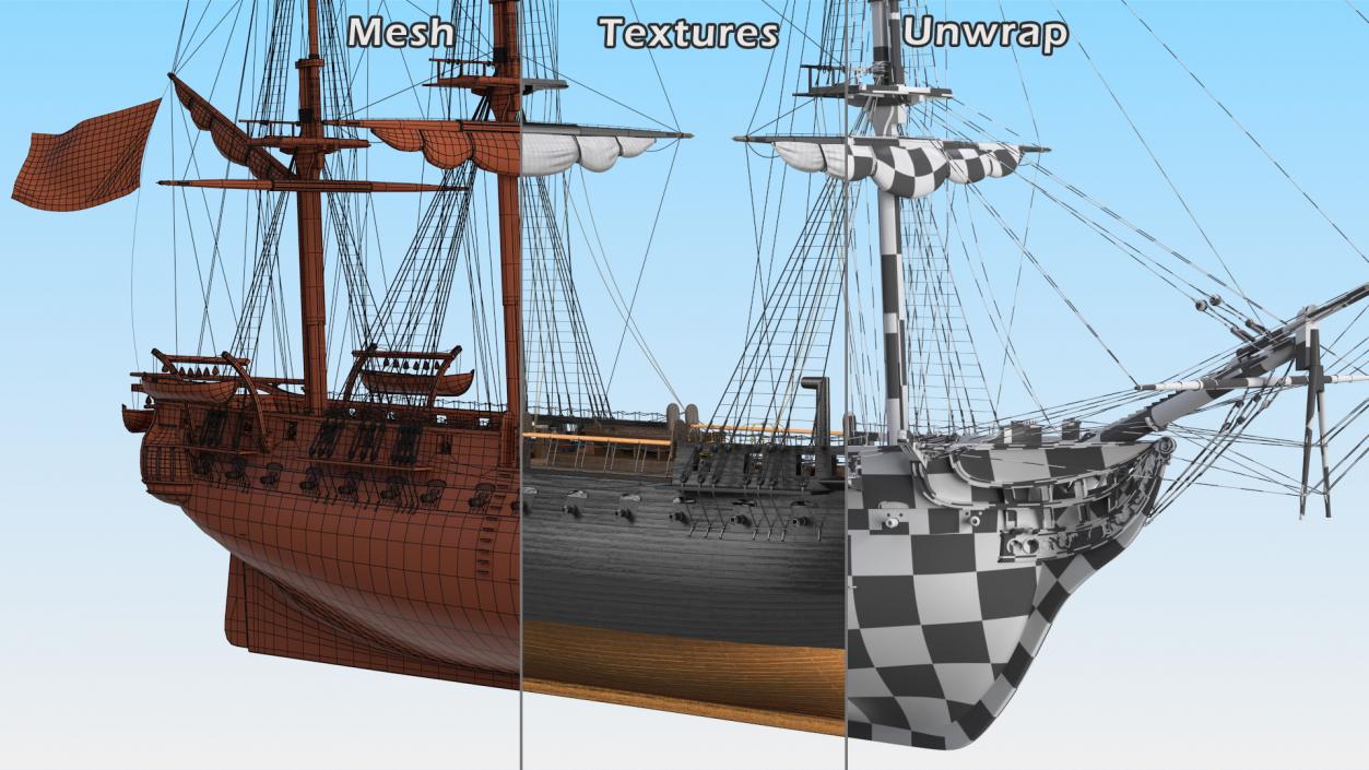 Three Masted Heavy Frigate Retracted Sails 3D