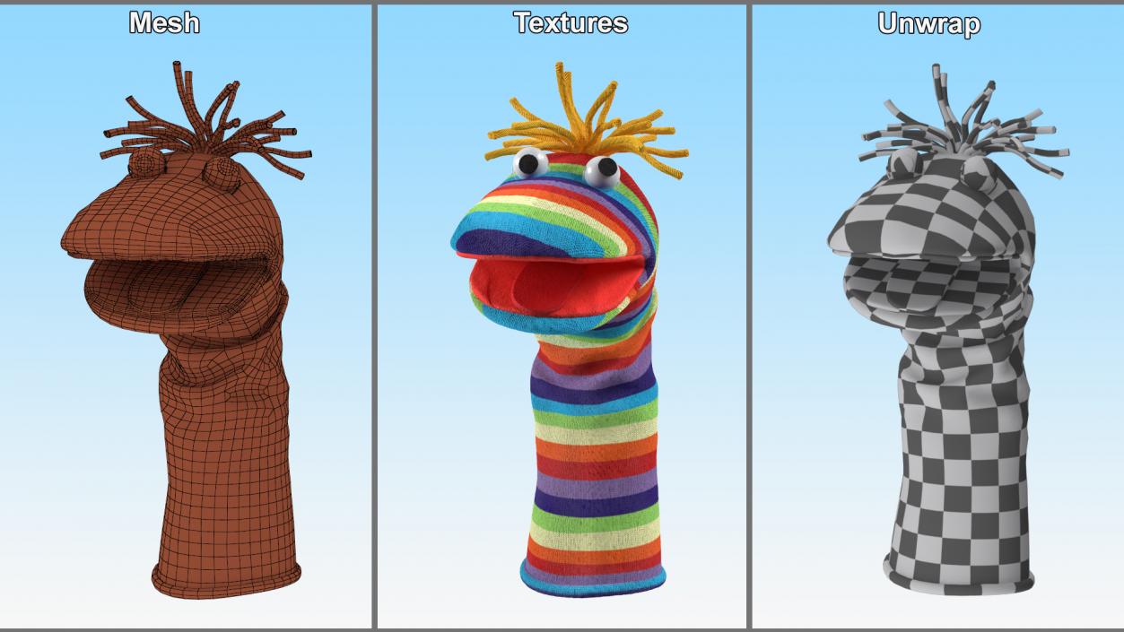 3D Sock Puppet Character Striped Boy Smiling Pose 2 model