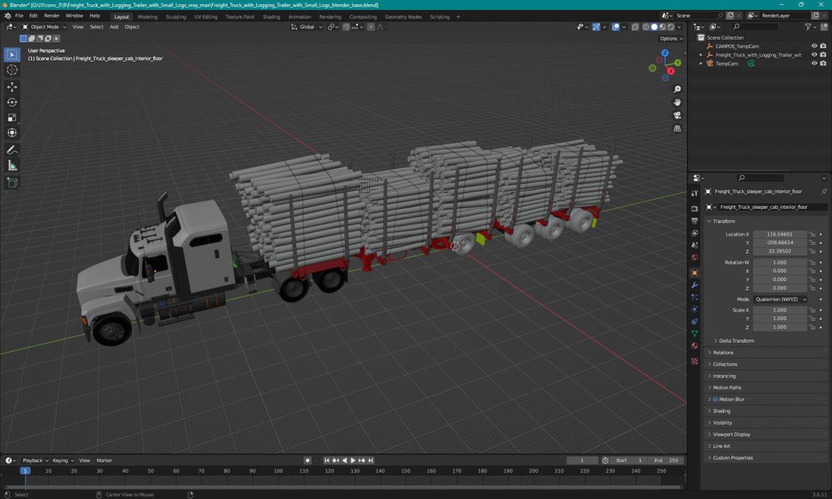 3D model Freight Truck with Logging Trailer with Small Logs