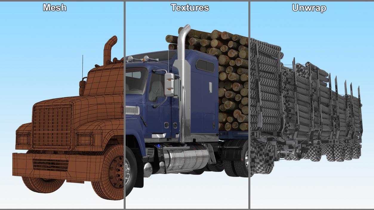 3D model Freight Truck with Logging Trailer with Small Logs