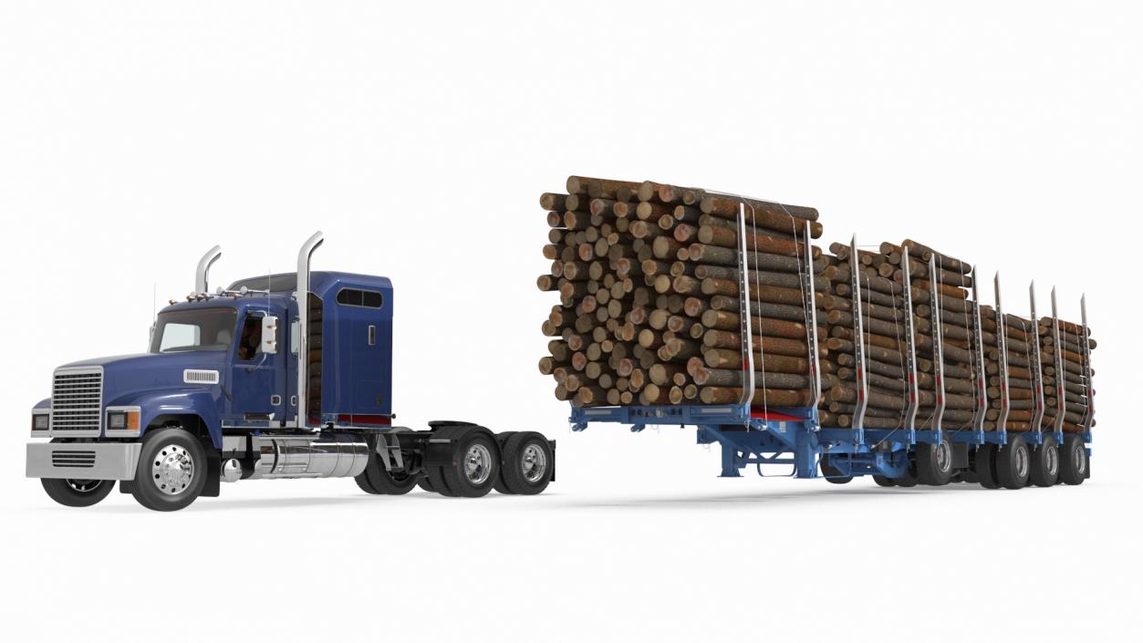 3D model Freight Truck with Logging Trailer with Small Logs