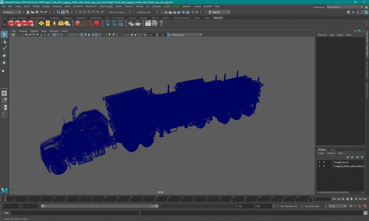 3D model Freight Truck with Logging Trailer with Small Logs