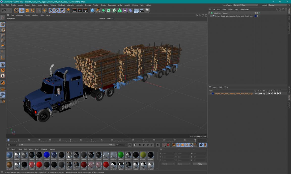 3D model Freight Truck with Logging Trailer with Small Logs