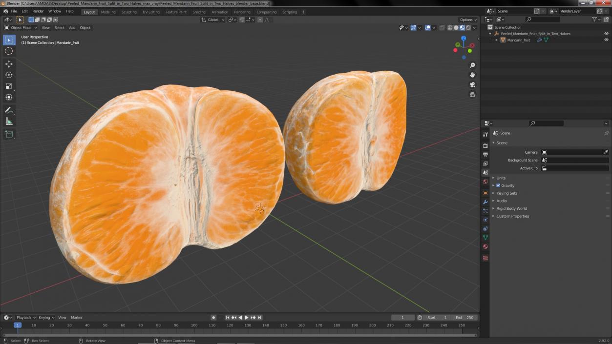 3D Peeled Mandarin Fruit Split in Two Halves