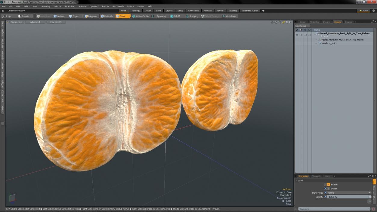 3D Peeled Mandarin Fruit Split in Two Halves