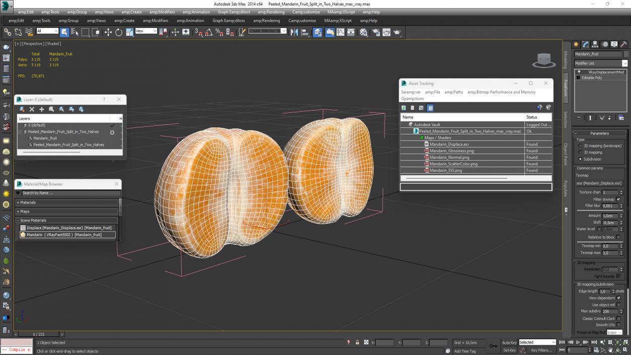 3D Peeled Mandarin Fruit Split in Two Halves