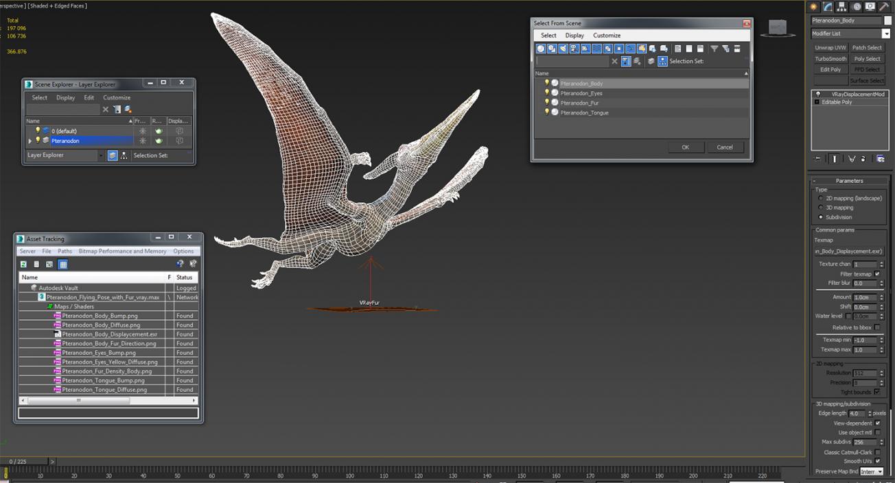 3D Pteranodon Flying Pose with Fur