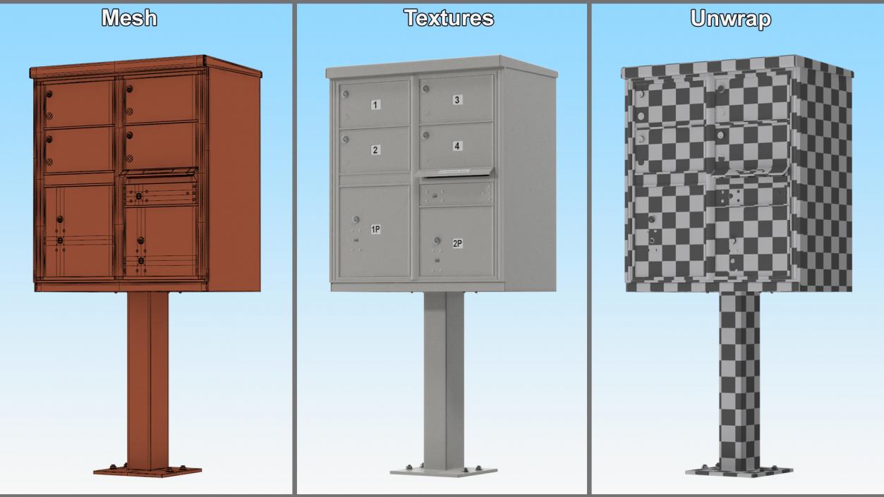 3D Grey Four Door Two Parcel Cluster Mailbox